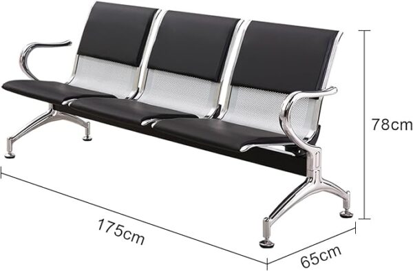 PU Leather 3-Seater Office Bench with padded seats, metal frame, and sleek design, perfect for professional waiting areas and office spaces.