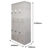 6-Door Metal Locker Cabinet with gray-white finish, lockable compartments, and adjustable feet for stability.
