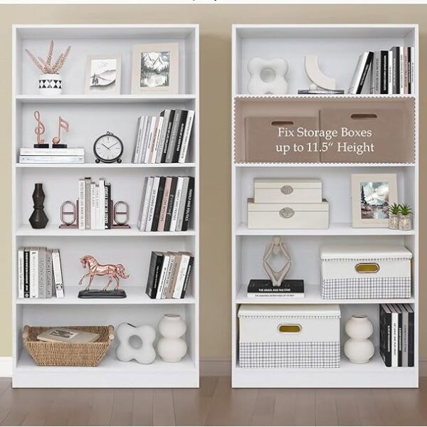 Modern 5-tier bookshelf in white with open shelves, engineered wood construction, and a sleek design perfect for home or office libraries.