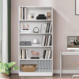 Modern 5-tier bookshelf in white with open shelves, engineered wood construction, and a sleek design perfect for home or office libraries.