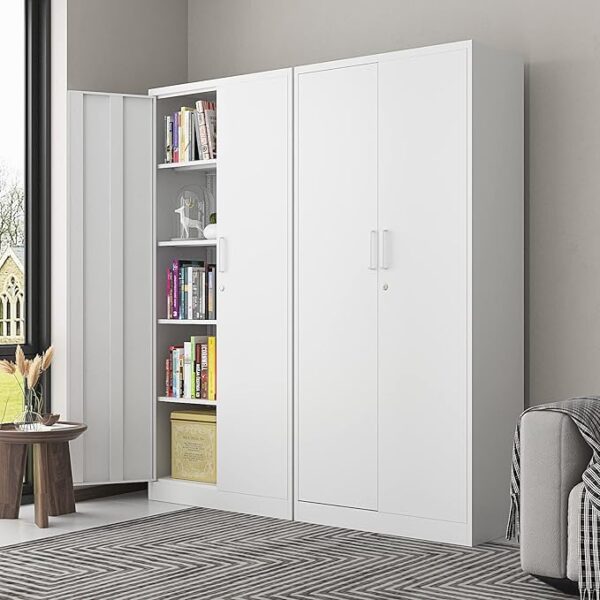 Durable 2-door steel filing cabinet with a slim-line design, adjustable shelf, and lockable doors, ideal for versatile storage in office or home spaces.