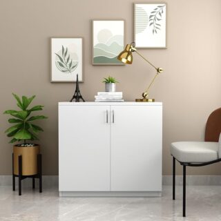 Compact and stylish 2-door locking storage cabinet with fixed shelf and durable MDF construction for home or office use.