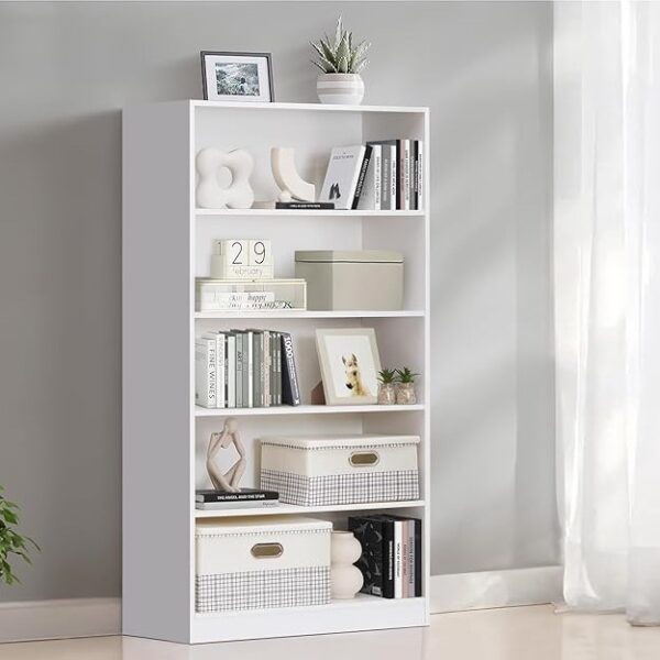 Modern 5-tier bookshelf in white with open shelves, engineered wood construction, and a sleek design perfect for home or office libraries.