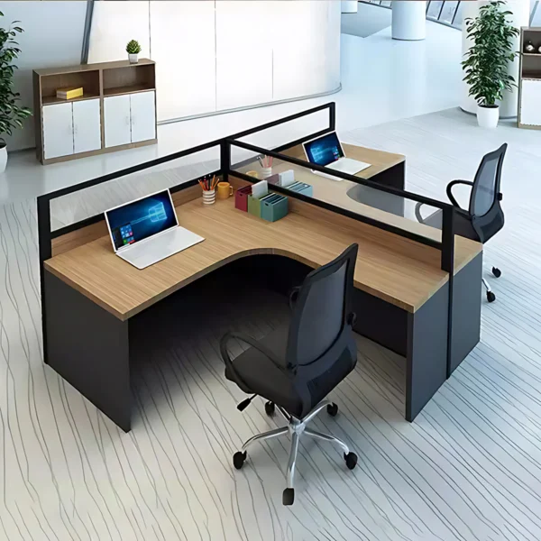 Modern L-Shaped Computer Desk with granulated wood surface and transparent sunlight panel in an office setup.