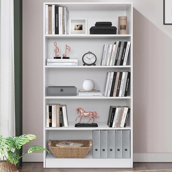 Modern 5-tier bookshelf in white with open shelves, engineered wood construction, and a sleek design perfect for home or office libraries.