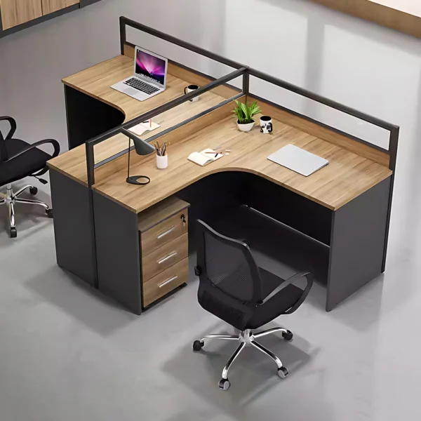 Modern L-Shaped Computer Desk with granulated wood surface and transparent sunlight panel in an office setup.