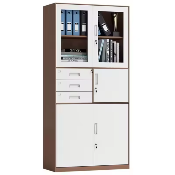 Modern steel vertical filing cabinet with 3 drawers, lockable safe compartment, glass-paneled doors, and heavy-duty steel construction for office storage.