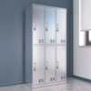 6-Door Metal Locker Cabinet with gray-white finish, lockable compartments, and adjustable feet for stability.