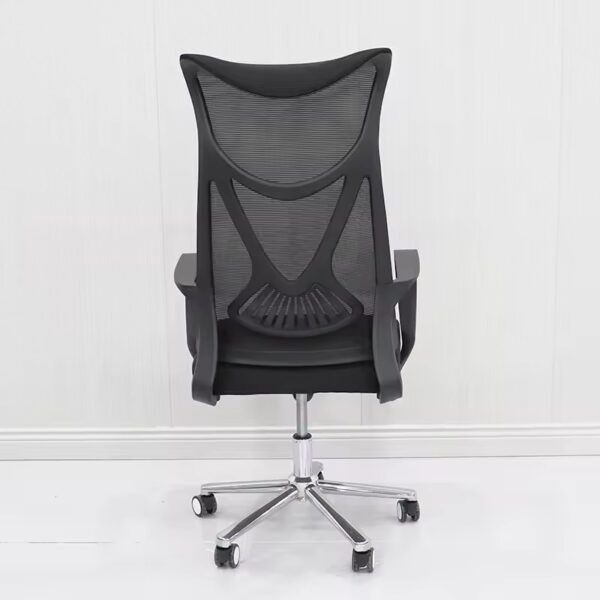 Ergonomic high-back mesh office chair with lumbar support, breathable backrest, and chrome base, ideal for modern office settings.