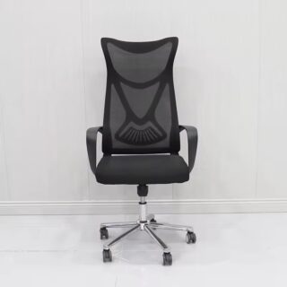 Ergonomic high-back mesh office chair with lumbar support, breathable backrest, and chrome base, ideal for modern office settings.