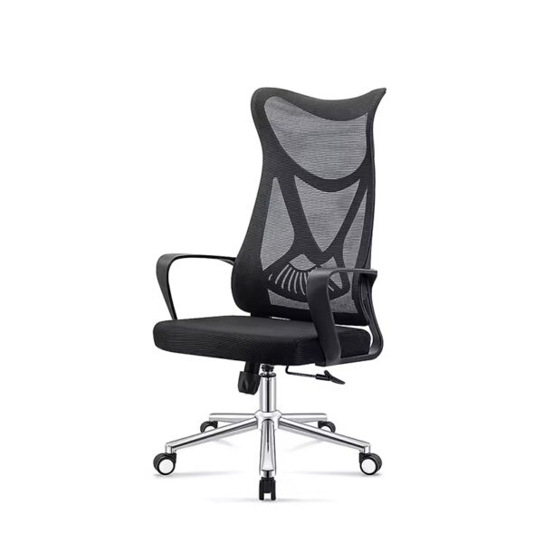 Ergonomic high-back mesh office chair with lumbar support, breathable backrest, and chrome base, ideal for modern office settings.