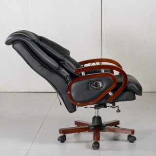 Director’s Recliner Office Chair with a padded leather seat and wooden armrests.