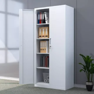 Durable 2-door steel filing cabinet with a slim-line design, adjustable shelf, and lockable doors, ideal for versatile storage in office or home spaces.