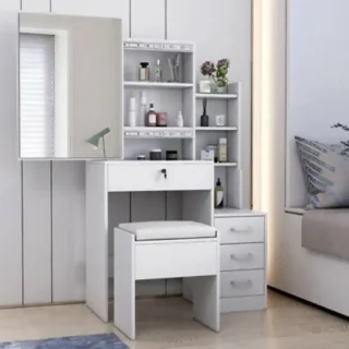 White dressing table with mirror, drawers, and open shelves, perfect for modern bedroom storage.