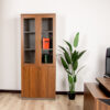 Filing Cabinet 2 Door Bookcase with a wood grain finish, glass doors, and lockable bottom storage.