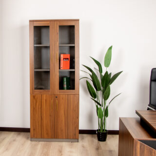 Filing Cabinet 2 Door Bookcase with a wood grain finish, glass doors, and lockable bottom storage.