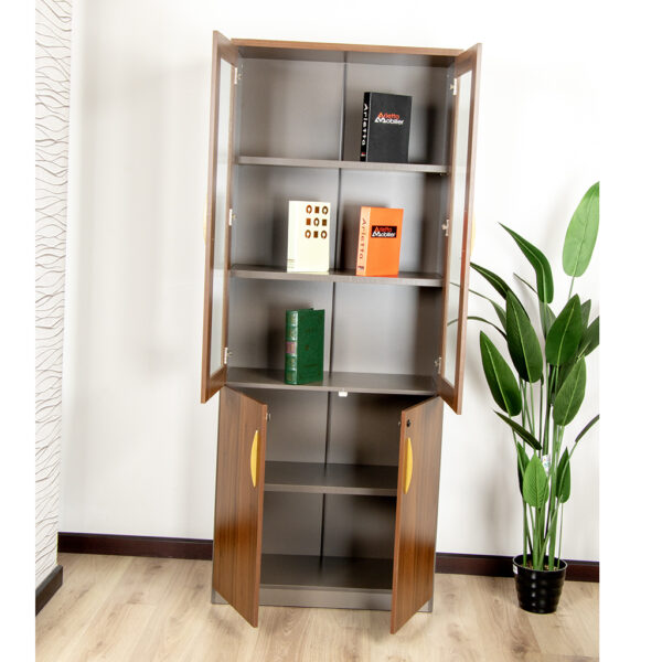 Filing Cabinet 2 Door Bookcase with a wood grain finish, glass doors, and lockable bottom storage.