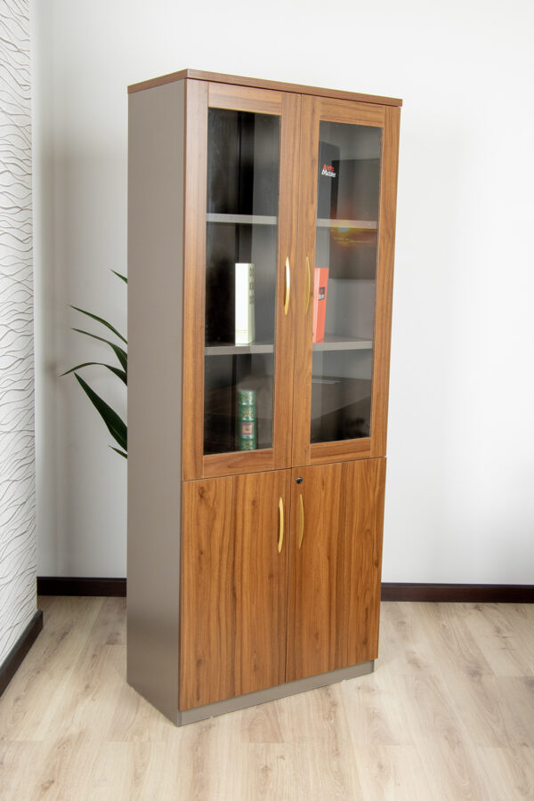 Filing Cabinet 2 Door Bookcase with a wood grain finish, glass doors, and lockable bottom storage.