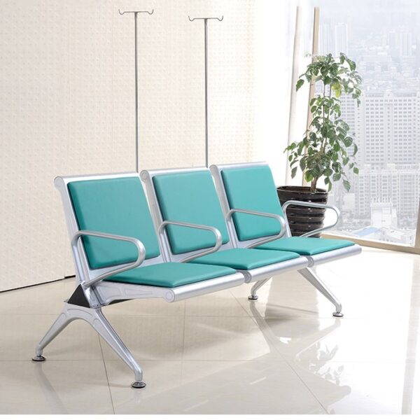 Stainless steel reception chair with ergonomic backrest, armrests, and non-slip foot pads, designed for durability and comfort in waiting areas.