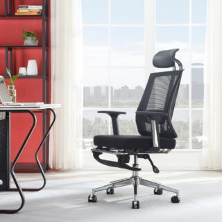 Executive Office Seat with Footrest featuring ergonomic design, breathable mesh back, and adjustable recliner with a footrest.