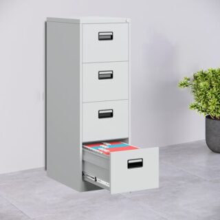 4-drawer steel filing cabinet with a 3-point locking system and silent sliding rails.