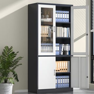 Multi-Purpose Steel Filing Cabinet with tempered glass doors, adjustable shelves, and dual locks for secure document storage.