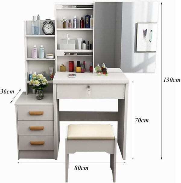 White dressing table with mirror, drawers, and open shelves, perfect for modern bedroom storage.