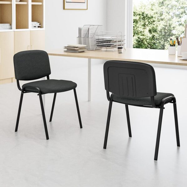 Stackable office chairs with fabric upholstery and black metal frames for meeting rooms and reception areas.