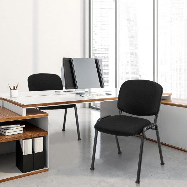 Stackable office chairs with fabric upholstery and black metal frames for meeting rooms and reception areas.