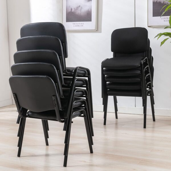 Stackable office chairs with fabric upholstery and black metal frames for meeting rooms and reception areas.