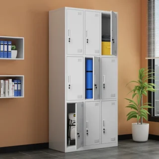 9-door metal locker cabinet with a durable steel structure and secure locking system.