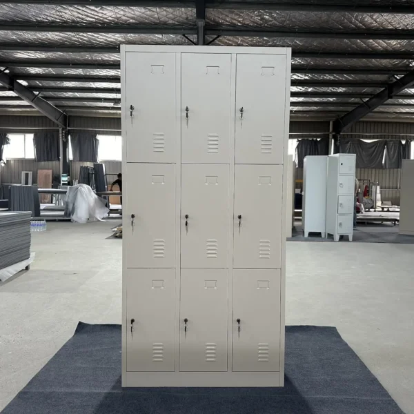 9-door metal locker cabinet with a durable steel structure and secure locking system.