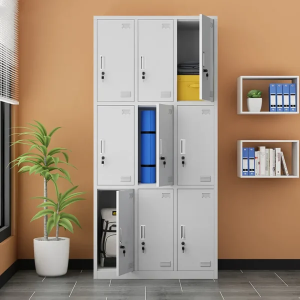 9-door metal locker cabinet with a durable steel structure and secure locking system.