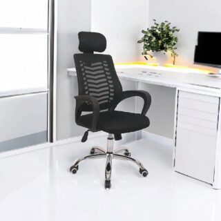 Ergonomic mesh office chair with headrest, lumbar support, and chrome base for executive workspaces.