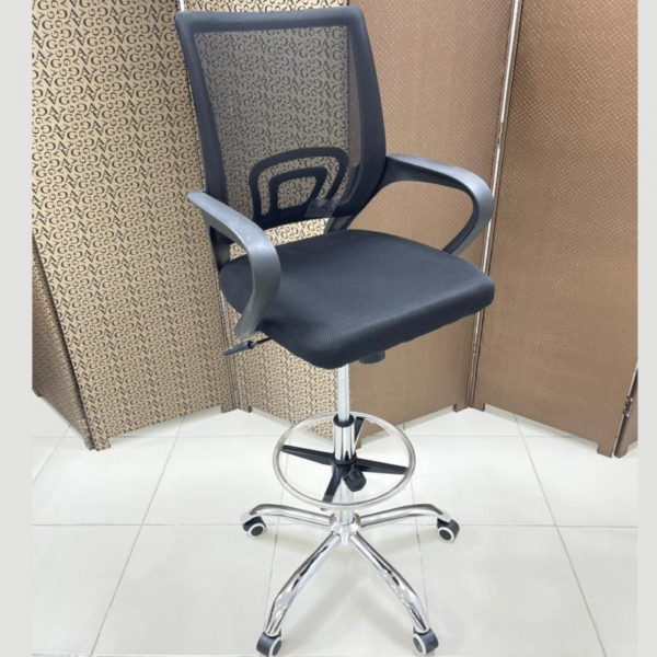 Ergonomic mesh reception chair with adjustable height, footrest, and lumbar support.