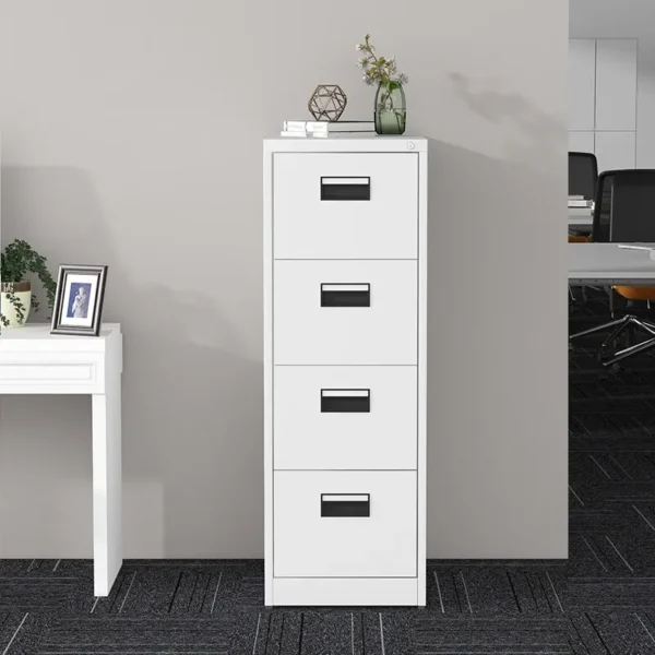 4-drawer steel filing cabinet with a 3-point locking system and silent sliding rails.