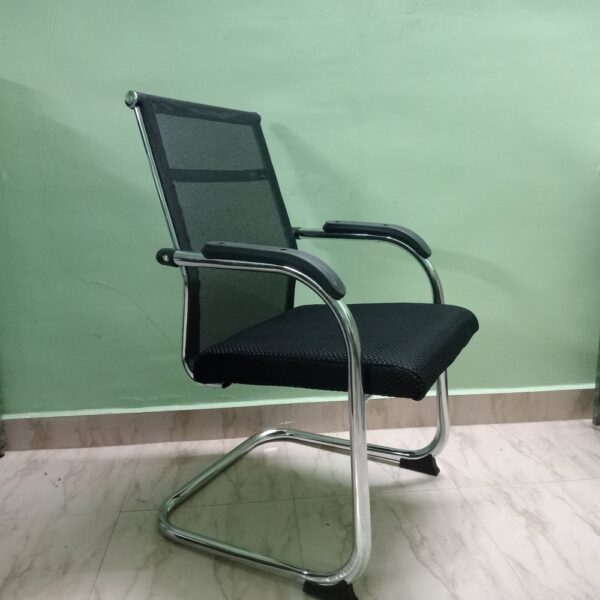 Mild Steel Visitor Office Chair with mesh back, cushioned seat, and chrome cantilever frame for office use.