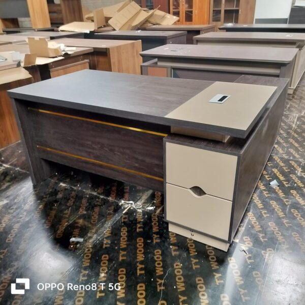 1.8m L-shaped executive desk with grommet and large storage space for office use.