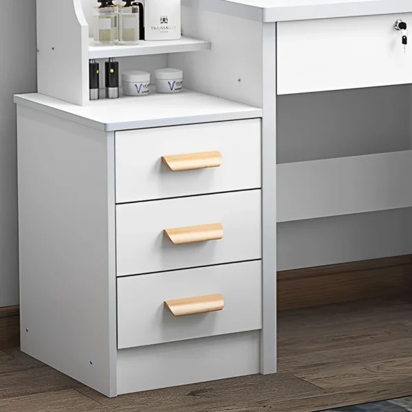 White dressing table with mirror, drawers, and open shelves, perfect for modern bedroom storage.