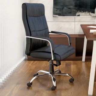 Office PU Leather Seat with plush padding, ergonomic design, and chromed armrests, perfect for home or corporate workspaces.