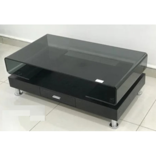 Black tempered glass coffee table with a sleek wooden base for office or living room décor.