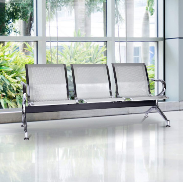 3-Link Metallic Waiting Bench with chrome finish – durable steel seating for offices and waiting areas