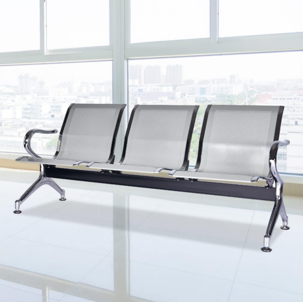 3-Link Metallic Waiting Bench with chrome finish – durable steel seating for offices and waiting areas